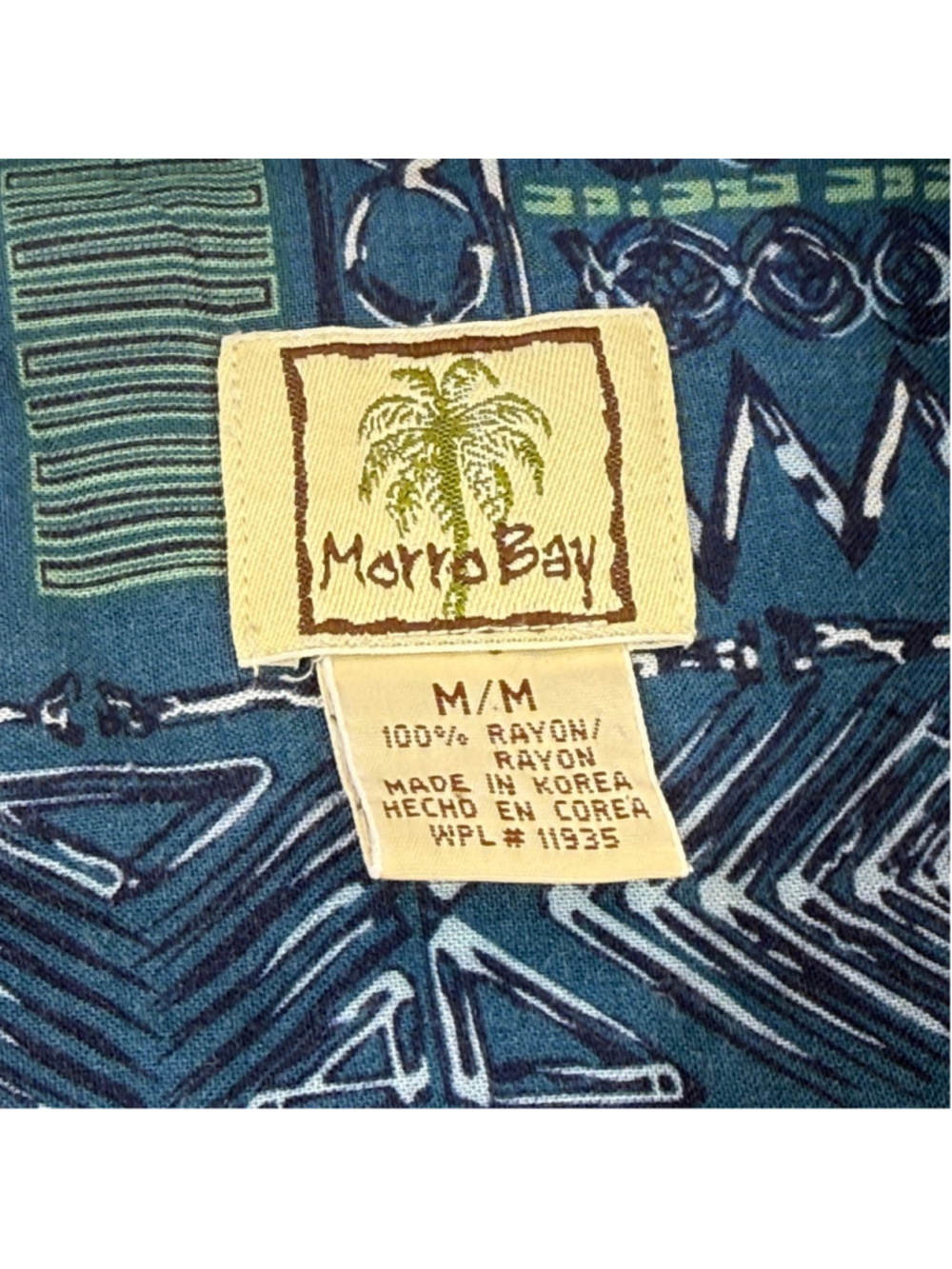 Morro Bay Rayon Hawaiian Shirt Men’s Medium Blue Tribal Geometric Camp Shirt - Picture 4 of 6